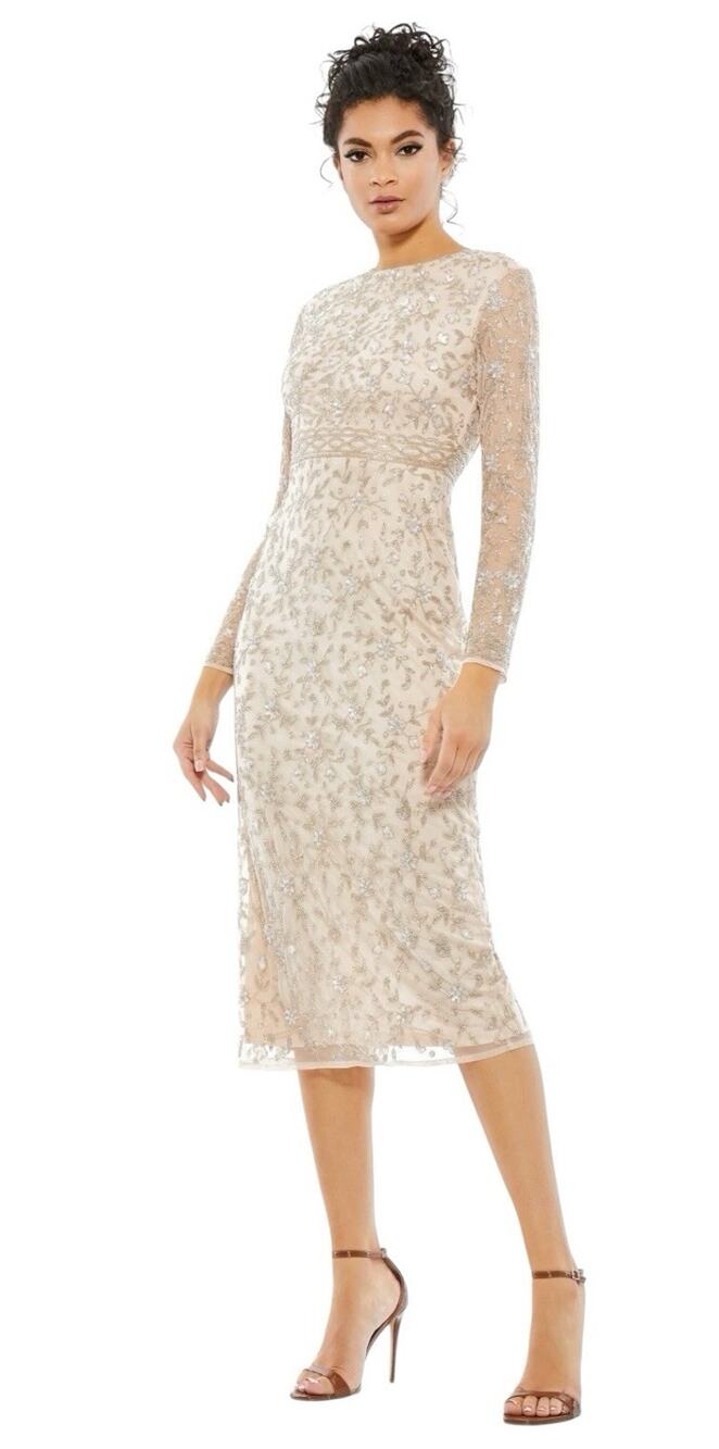 Mac Duggal 10812 Porcelain‎ Floral Beaded Sequin Midi Dress Size 12 $498